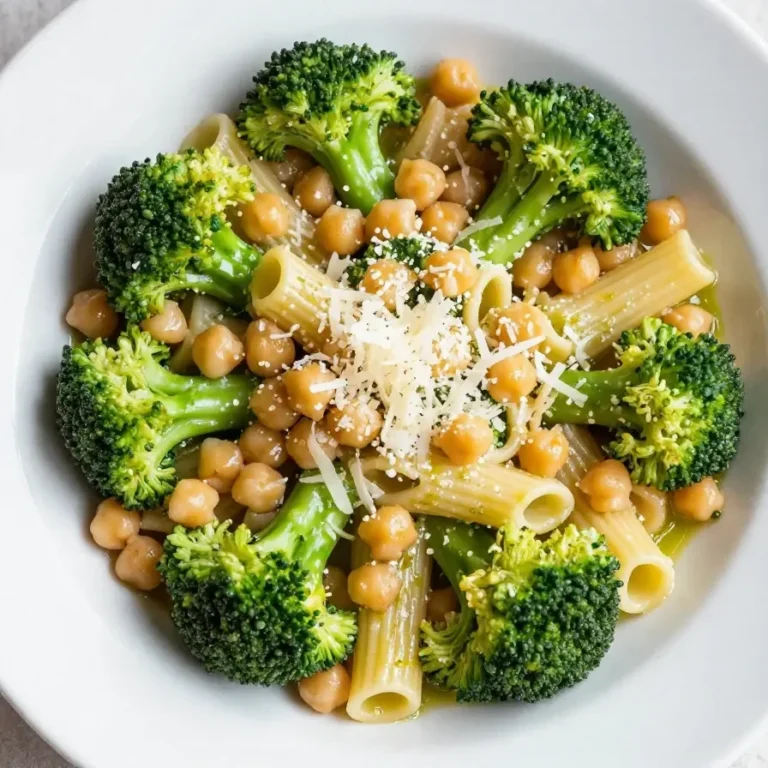 A bowl of broccoli chickpea pasta served as a healthy vegetarian entree.