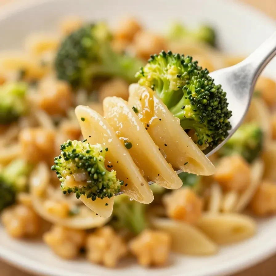 A bowl of broccoli chickpea pasta served as a healthy vegetarian entree.