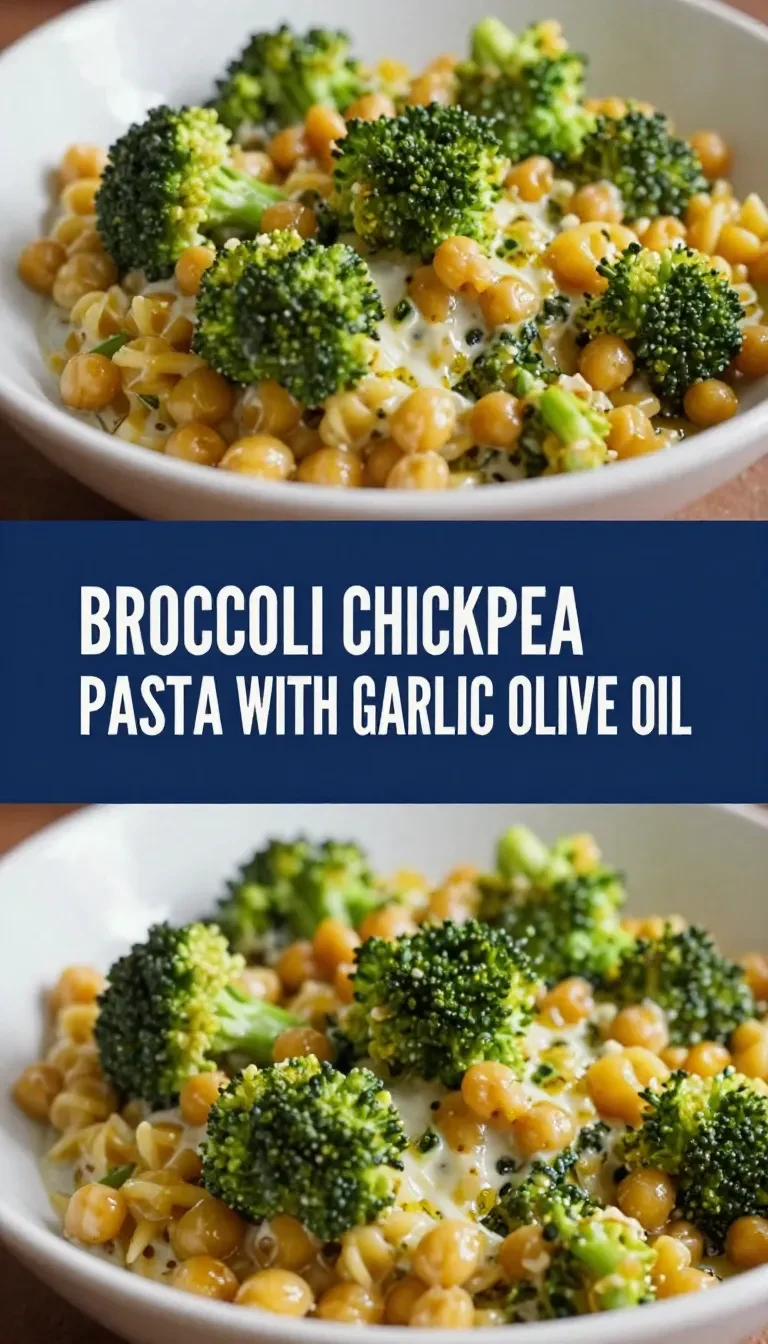 A bowl of broccoli chickpea pasta served as a healthy vegetarian entree.