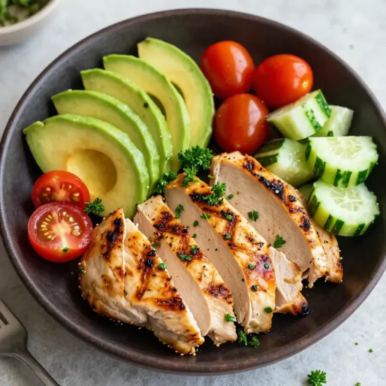 A bowl of healthy avocado chicken salad with fresh vegetables and herbs.