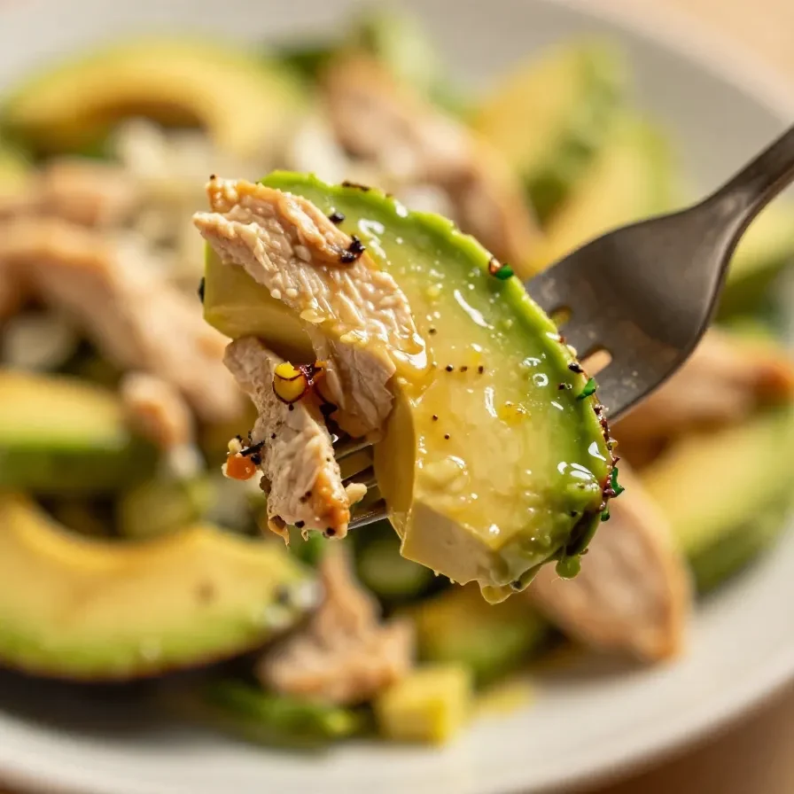 A bowl of healthy avocado chicken salad with fresh vegetables and herbs.