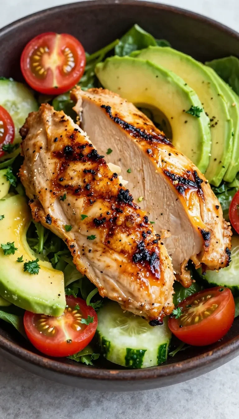 A bowl of healthy avocado chicken salad with fresh vegetables and herbs.