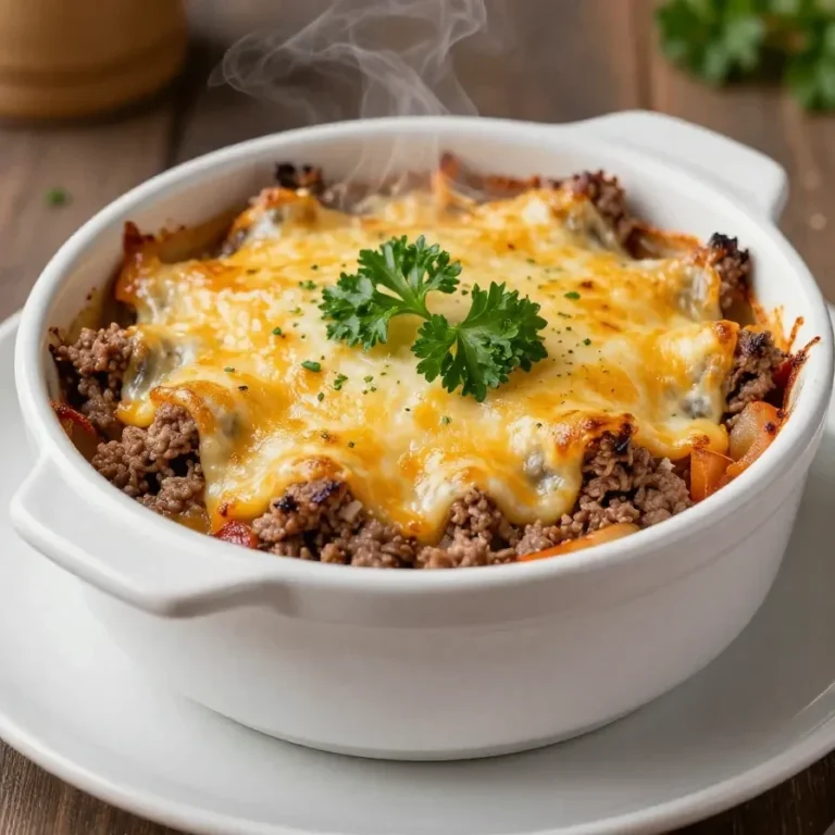 A hearty hobo casserole made with ground beef, potatoes, and cheese baked in a dish.