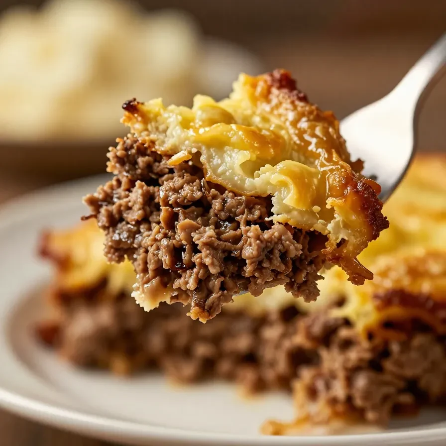 A hearty hobo casserole made with ground beef, potatoes, and cheese baked in a dish.