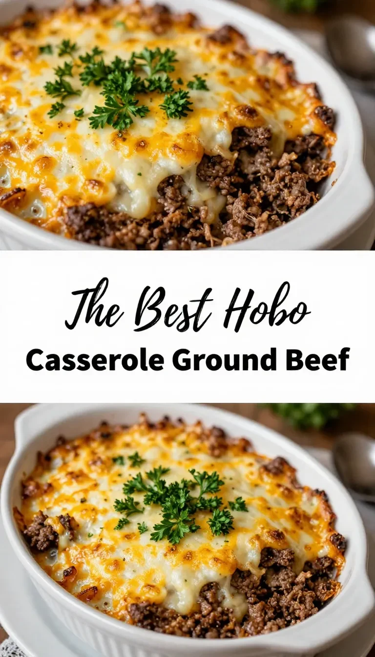 A hearty hobo casserole made with ground beef, potatoes, and cheese baked in a dish.