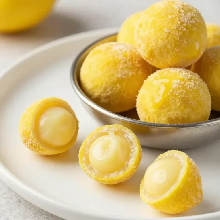 Close-up of homemade lemon white chocolate truffles on a white plate.