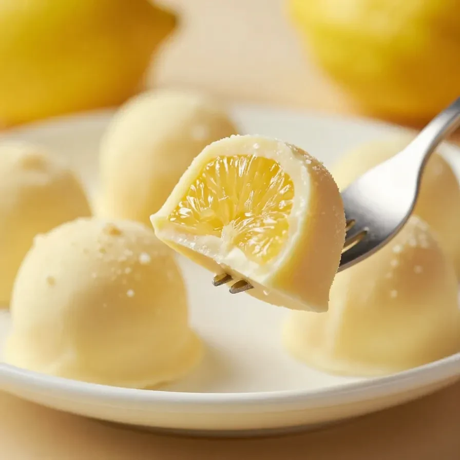 Close-up of homemade lemon white chocolate truffles on a white plate.