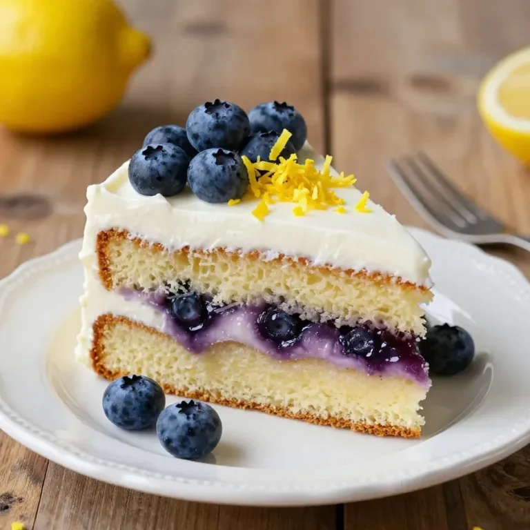 A close-up of a luscious lemon blueberry cake topped with fresh blueberries and lemon zest.