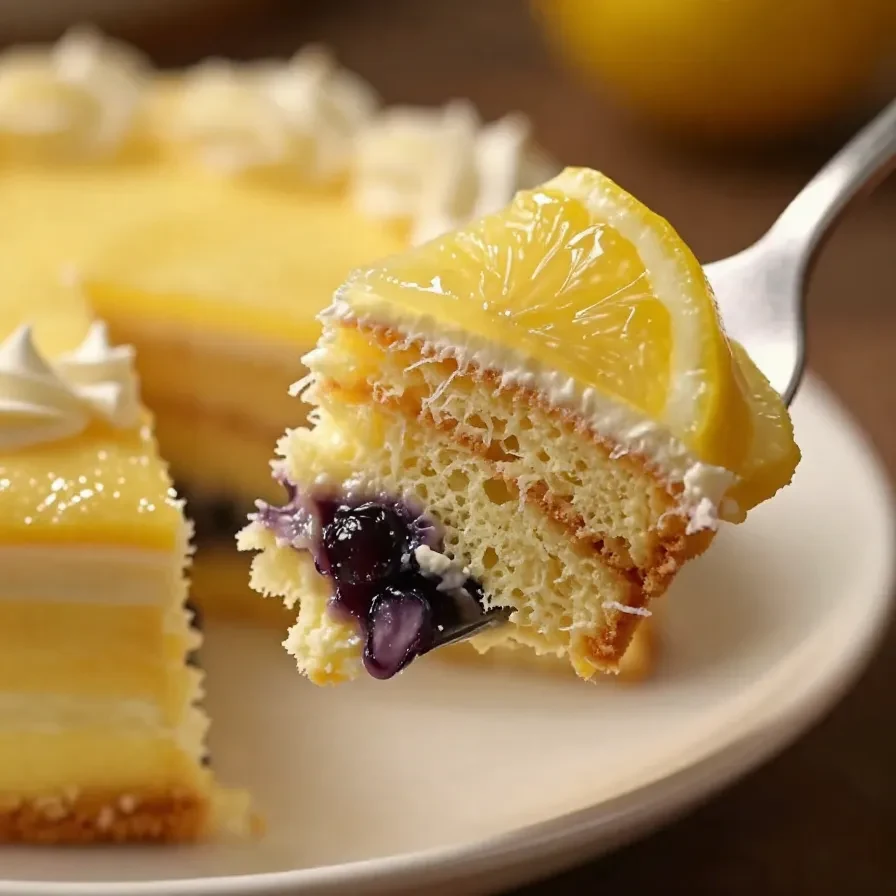A close-up of a luscious lemon blueberry cake topped with fresh blueberries and lemon zest.