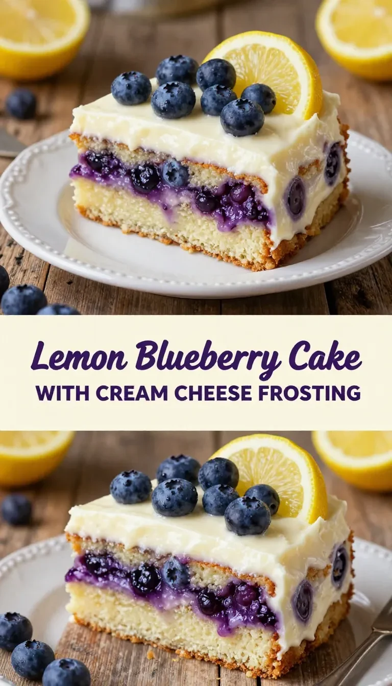 A close-up of a luscious lemon blueberry cake topped with fresh blueberries and lemon zest.