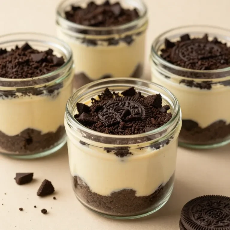 Oreo No-Bake Cheesecake Cups Close-up of Oreo no-bake cheesecake cups topped with whipped cream and crushed Oreo cookies.