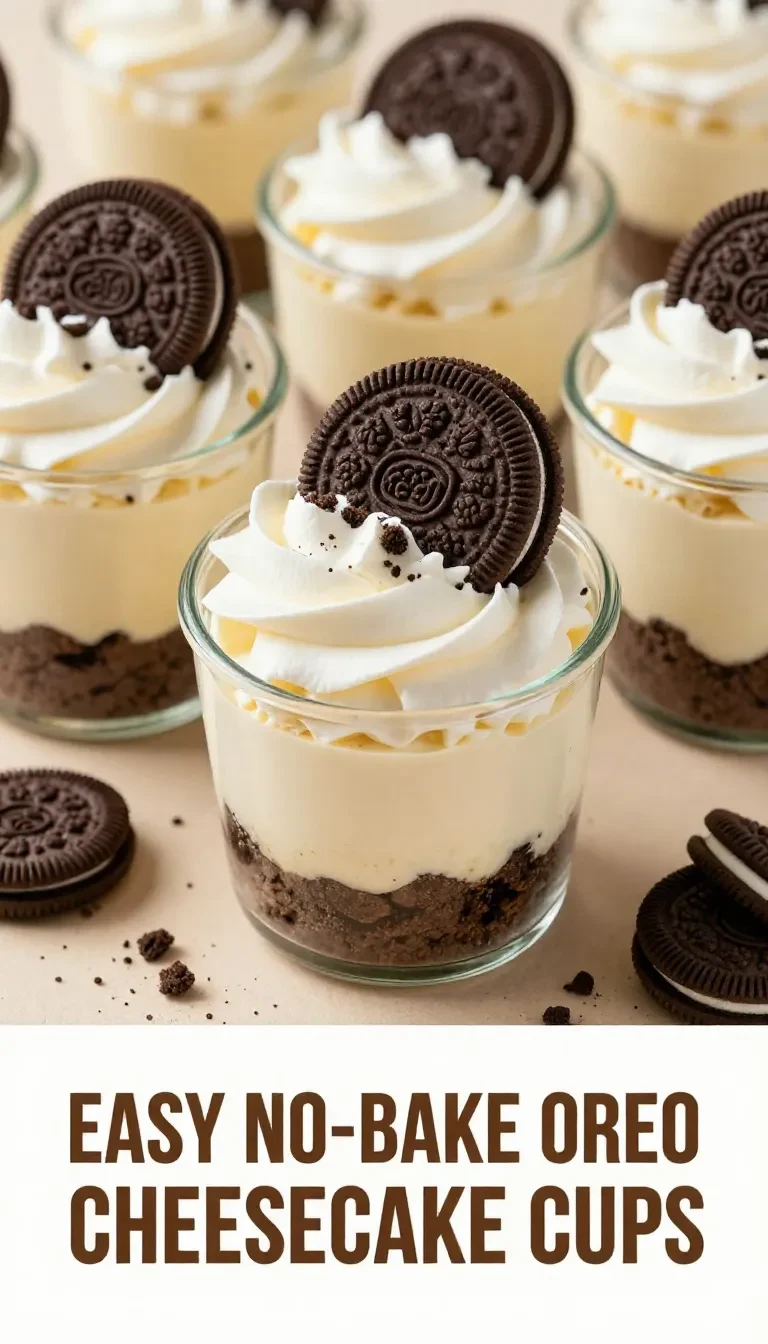 Close-up of Oreo no-bake cheesecake cups topped with whipped cream and crushed Oreo cookies.