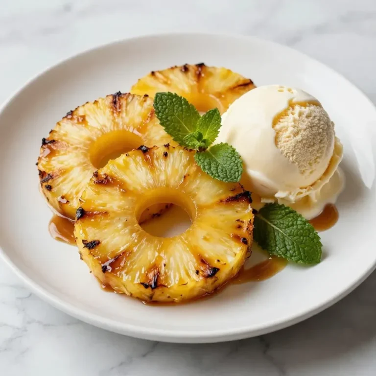 Slices of grilled pineapple with caramelized brown sugar on a plate.