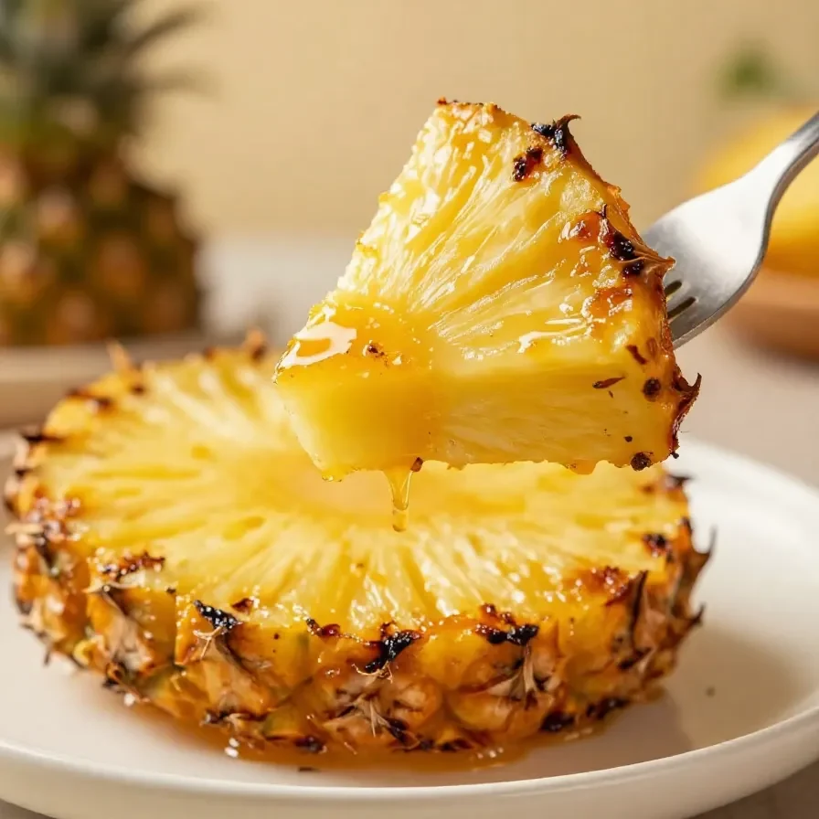 Slices of grilled pineapple with caramelized brown sugar on a plate.