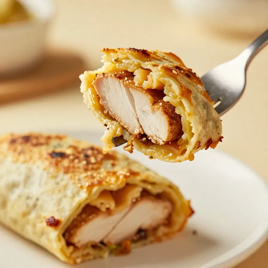 A freshly baked chicken burrito casserole topped with melted cheese and garnished with cilantro.
