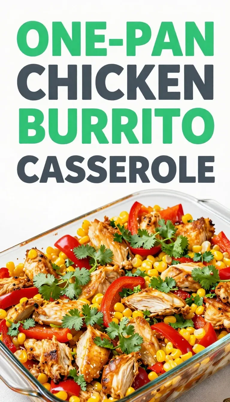 A freshly baked chicken burrito casserole topped with melted cheese and garnished with cilantro.