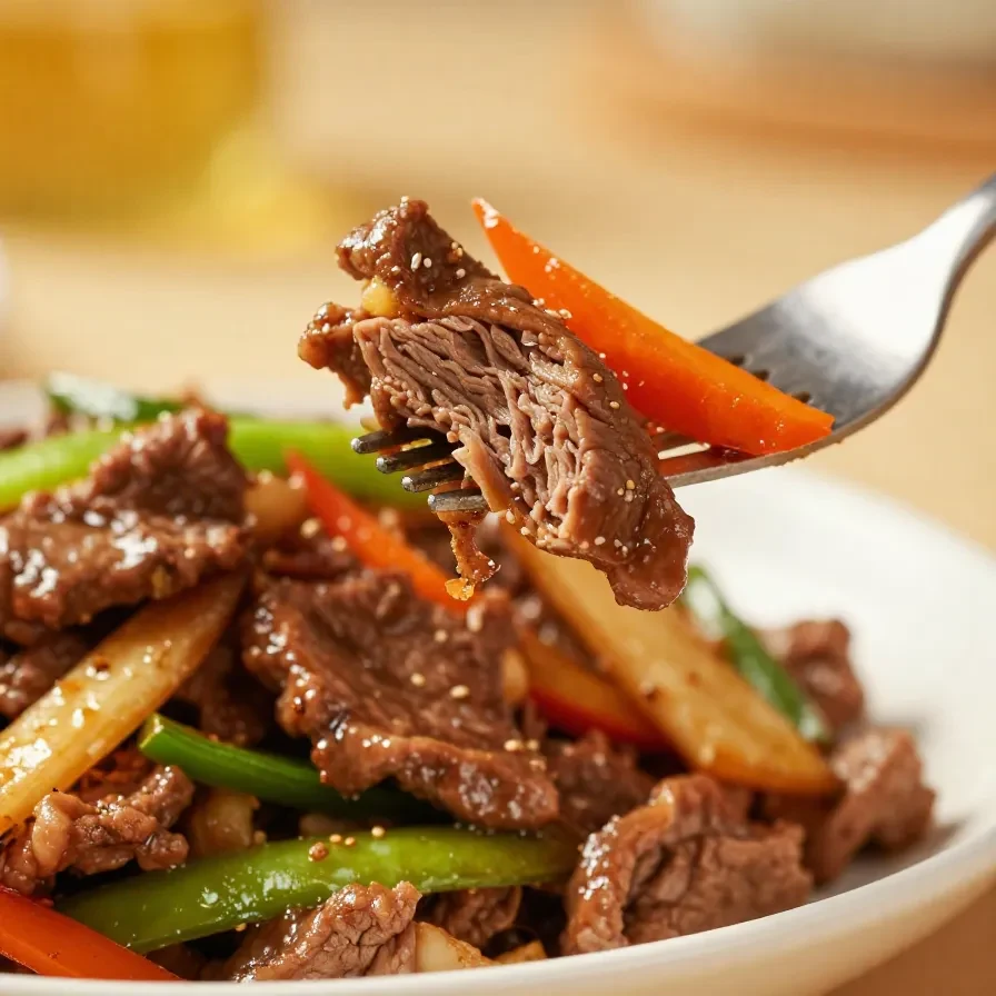 A colorful beef stir fry with vibrant vegetables served in a white bowl.